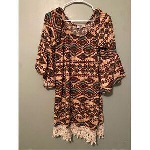Adara Tribal Print Lace Bottom Short Flutter Sleeve Dress Size Medium
